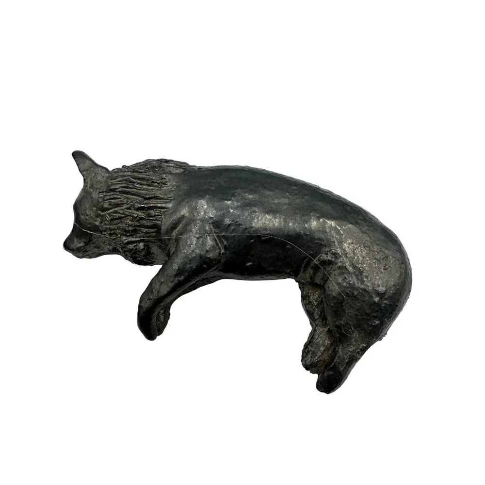 Pair Of Handmade Ceramic Sleeping Fox Figurines With Black Glaze Finish